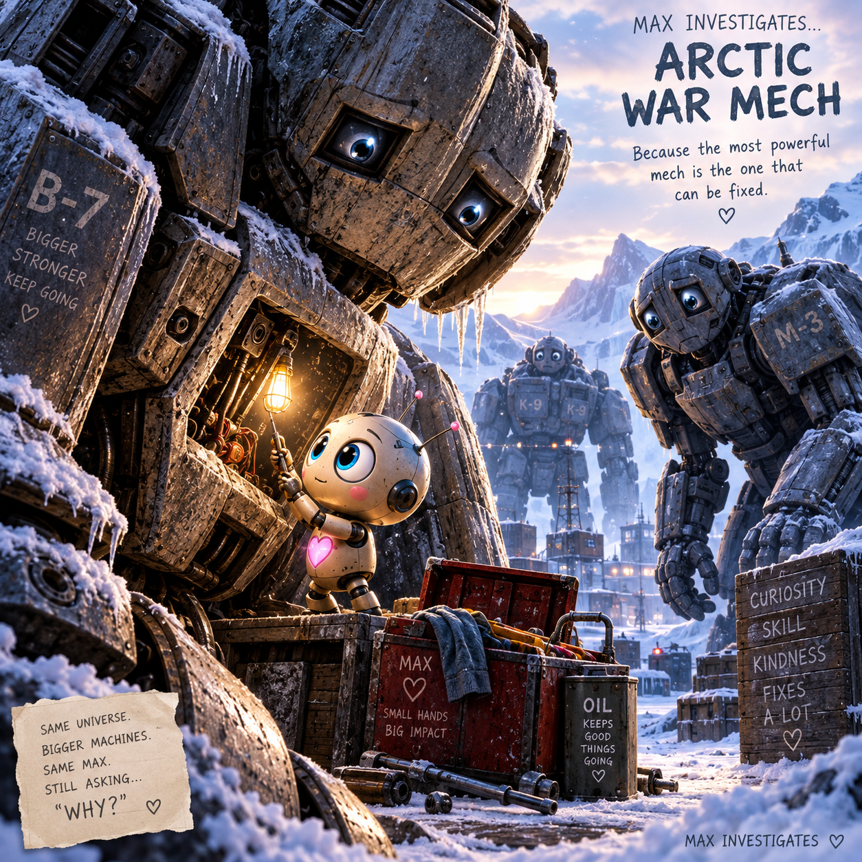 Tiny cute round robot repairs a giant snow-covered war mech as other gentle mechs watch in a snowy arctic mountain outpost.