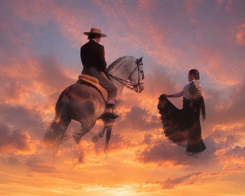 Surreal double exposure of a horseback rider, flamenco dancer, and grey horse merging with glowin...