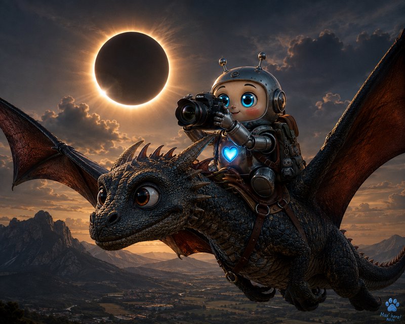 Cute chibi robot photographer rides a friendly flying dragon, capturing a total solar eclipse ove...