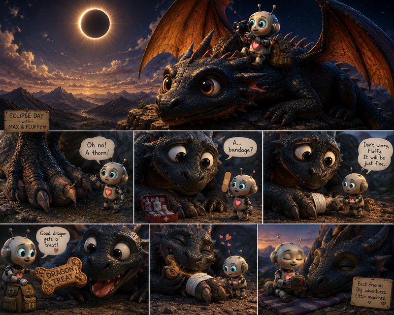 6-panel whimsical comic of a tiny robot caring for a friendly black dragon during a solar eclipse...