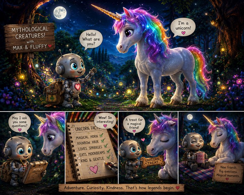 Whimsical 5-panel comic showing a cute explorer robot befriending a sparkly rainbow unicorn in a ...