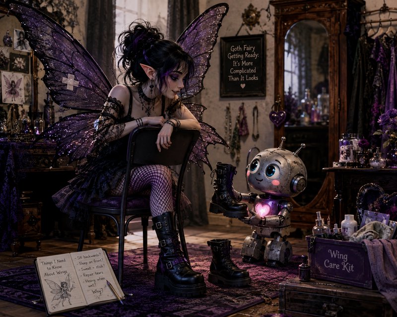 Goth fairy with purple glitter wings watches a cute tiny robot help her put on boots in a cozy da...