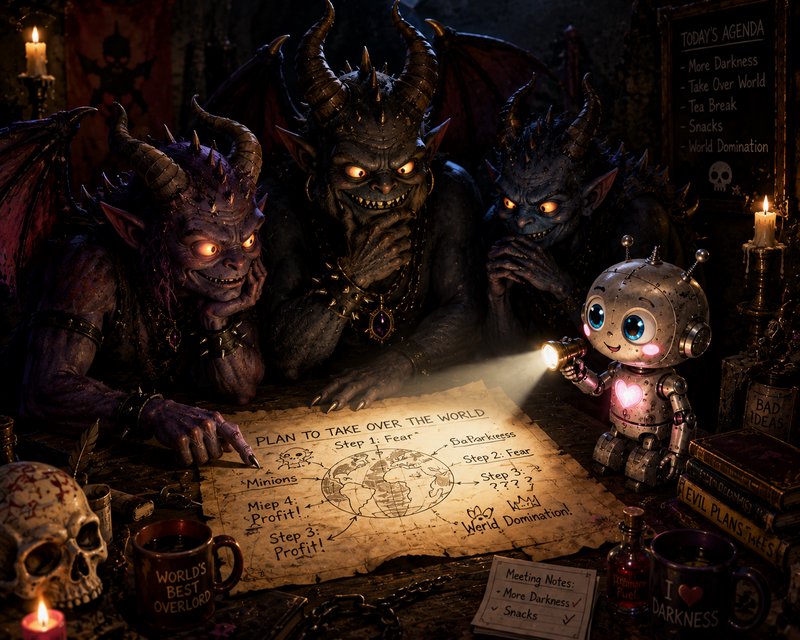Three grinning horned demons plot world domination as a cute tiny robot lights up their silly par...