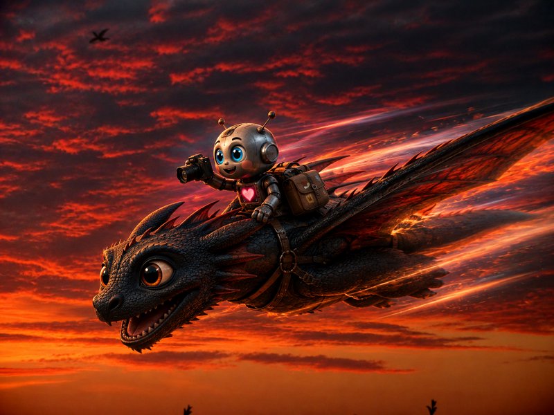 Cute silver robot photographer rides a friendly black dragon flying through a dramatic fiery red ...