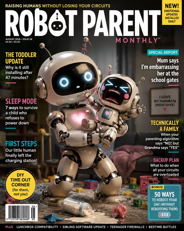 Satirical Robot Parent Monthly magazine cover, featuring a robot parent holding a crying tantrumi...
