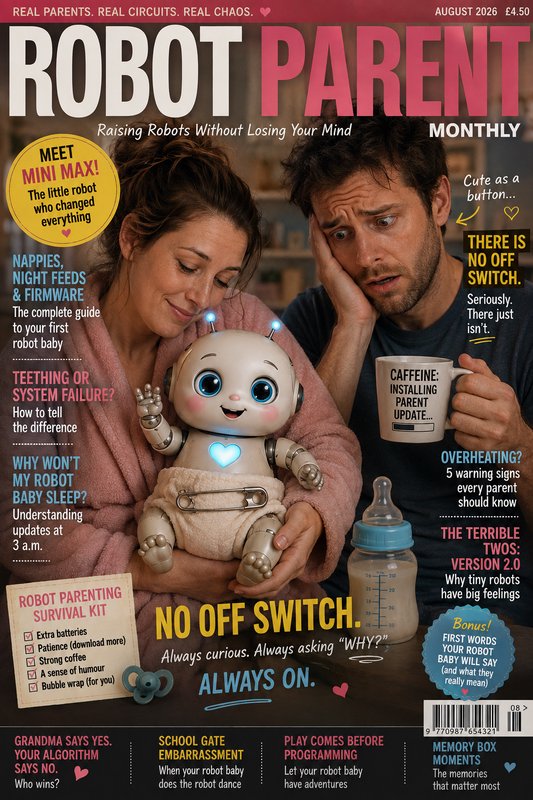Satirical Robot Parent Monthly magazine cover showing tired new parents holding a cute diapered r...