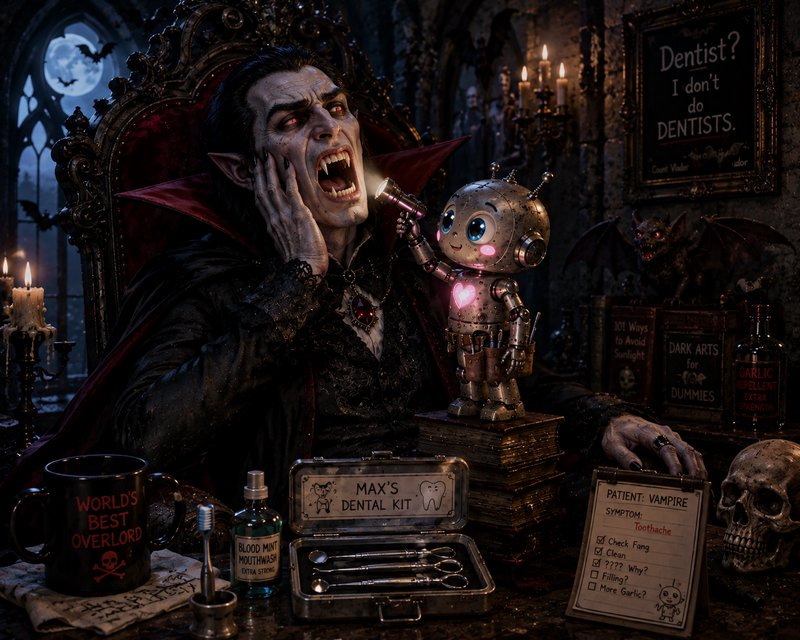 Pained vampire Count Dracula clutches his sore jaw as a tiny cute robot dentist examines his fang...