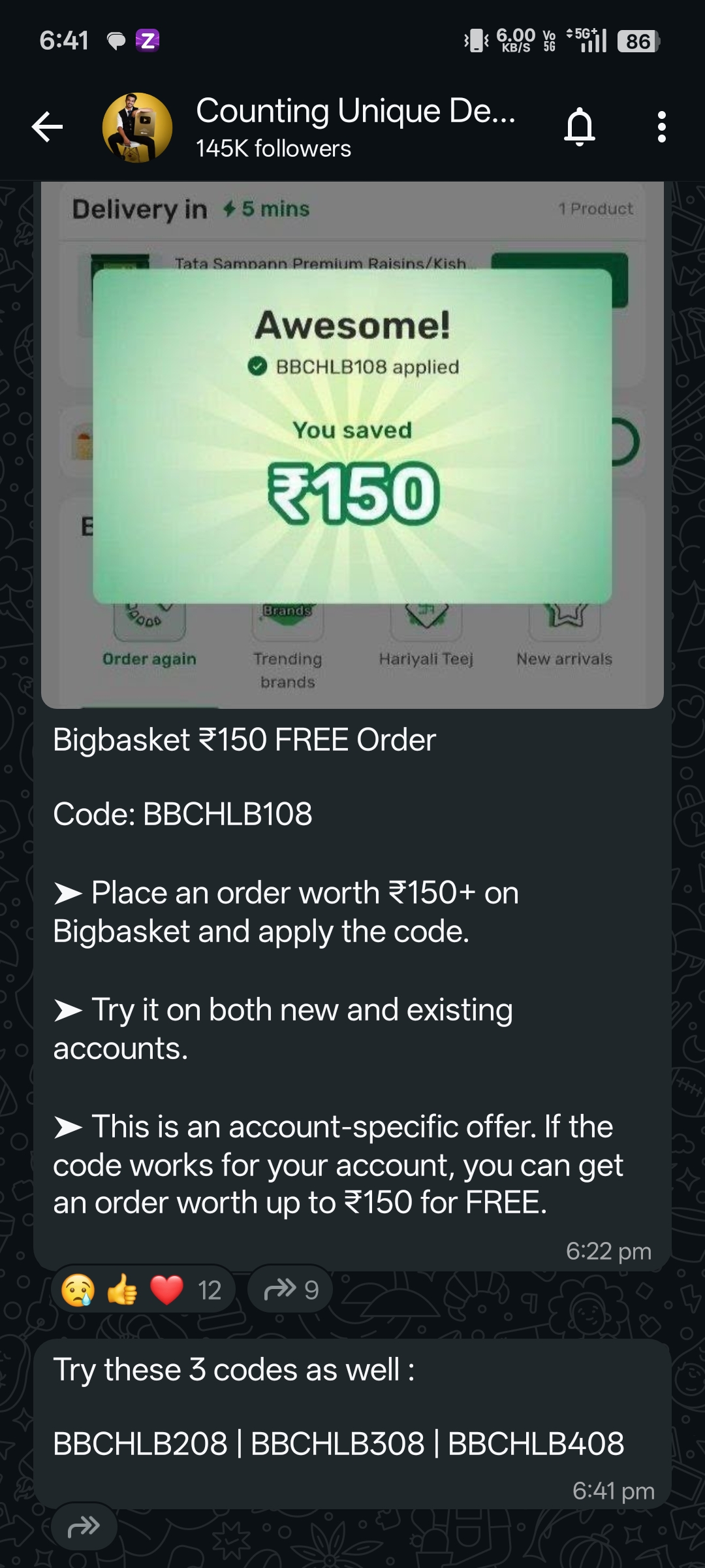 [Screenshot of a social media post advertising a verified Bigbasket ₹150 free order promo code offer with redemption ins...