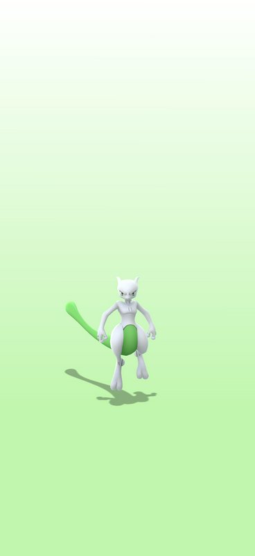 Shiny Mewtwo 3D render floating above a soft shadow on a pale green gradient background