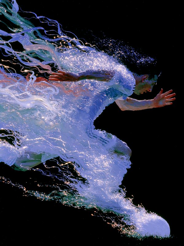 Surreal illustration of a sprinting athlete whose body dissolves into glowing flowing water again...