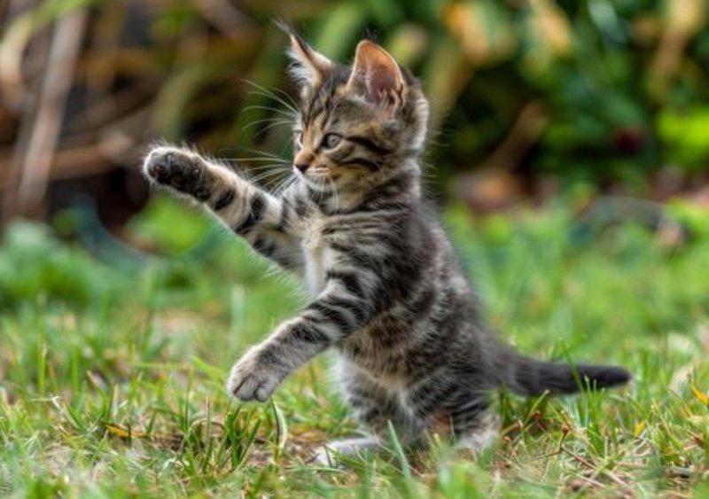 Fluffy striped tabby kitten stands on hind legs, raising one paw to play while sitting on green g...