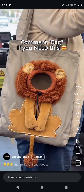 Screenshot of a social media shop post showcasing a cute plush lion-themed small pet carrier tote...