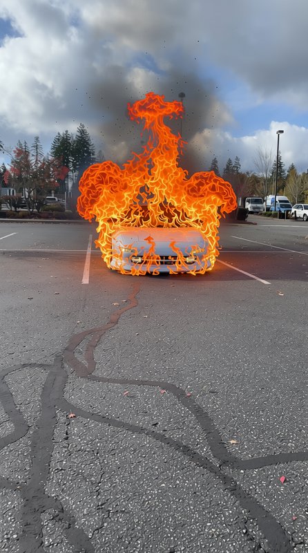 Dramatic stylized orange flames erupt from a parked sedan in an asphalt public parking lot