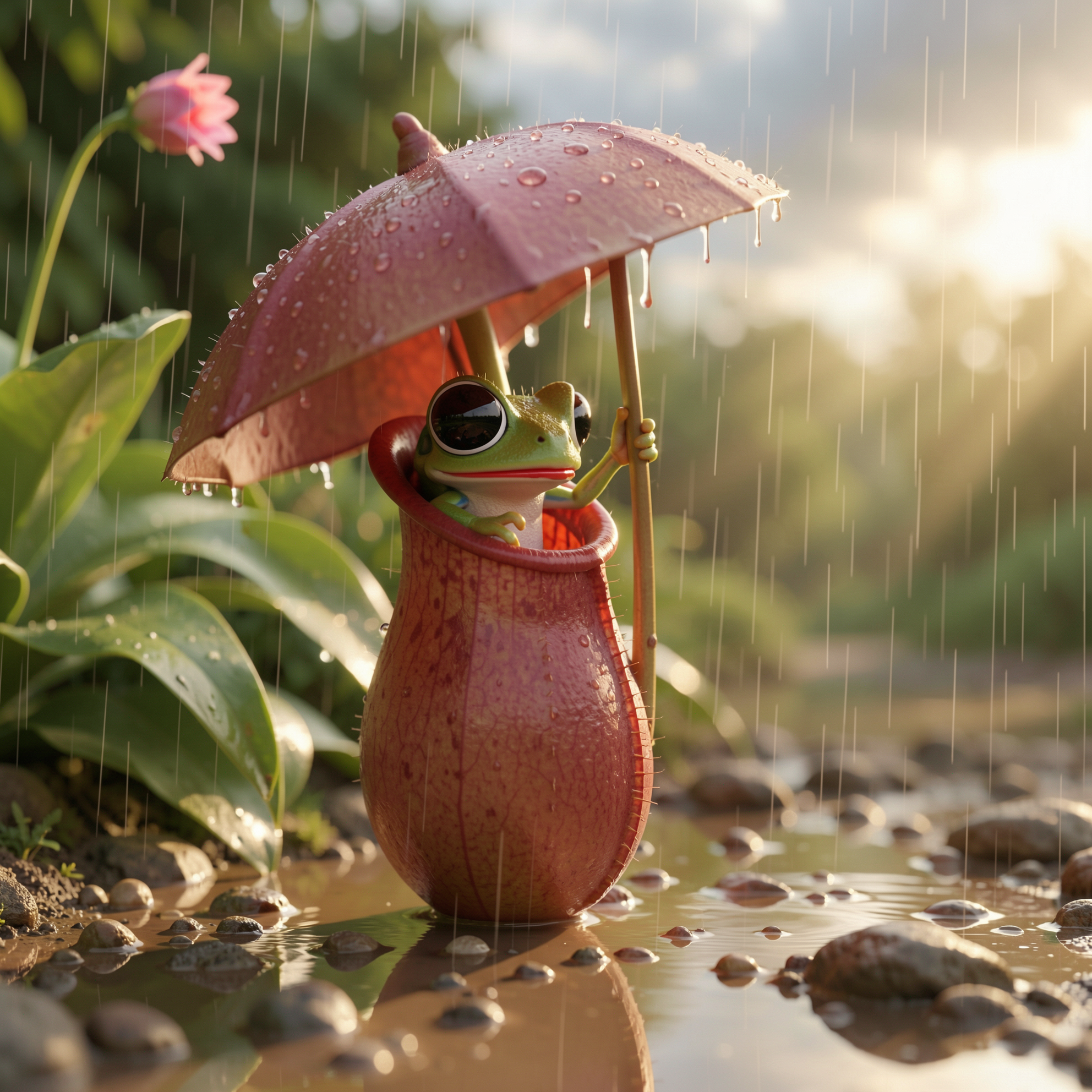 Cute stylized frog in sunglasses sits inside a pitcher plant holding a leaf umbrella during a rainy golden hour.