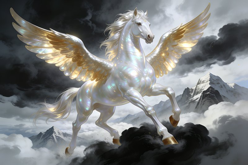 Luminous pearlescent white Pegasus with golden feathered wings rears above storm clouds, with sno...
