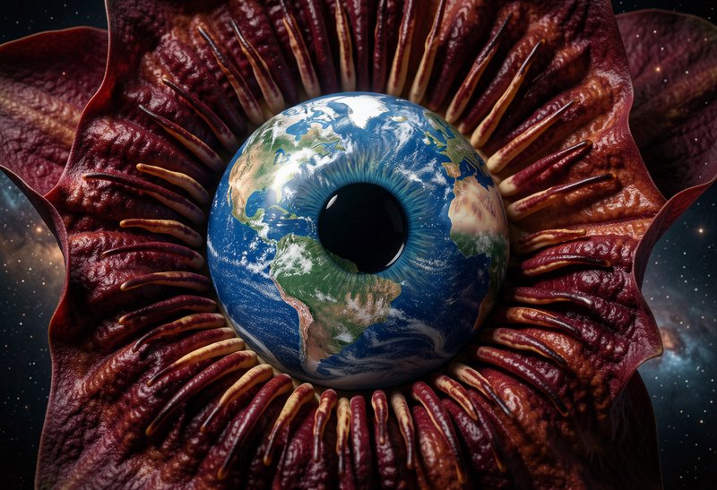 Surreal composite artwork of an Earth-textured eyeball nested inside a fleshy carnivorous alien p...