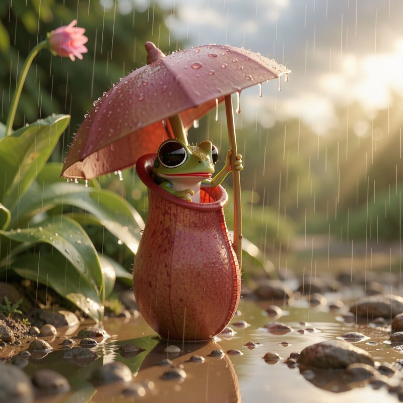 Cute stylized frog in sunglasses sits inside a pitcher plant holding a leaf umbrella during a rainy golden hour.