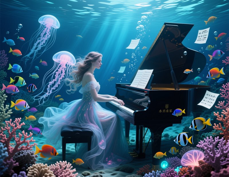 Ethereal woman in a flowing tulle gown plays a grand piano underwater, surrounded by jellyfish, t...