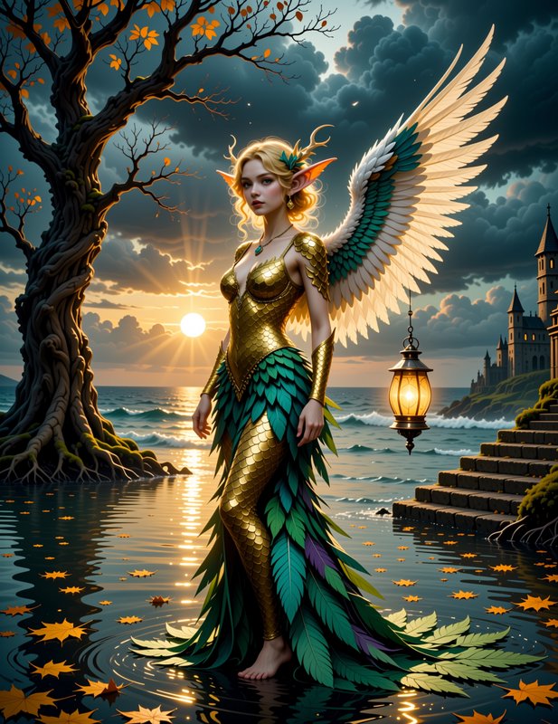 Winged elven fantasy warrior in gold scale armor stands in shallow coastal sunset waters, with ca...
