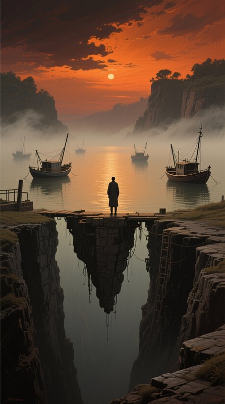 Silhouetted figure on a floating cliff dock overlooks misty harbor fishing boats beneath a dramat...