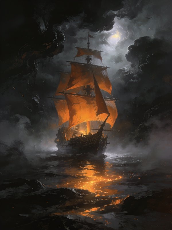 Ghostly galleon with glowing orange sails navigates misty rocky storm waters under a dark moonlit...