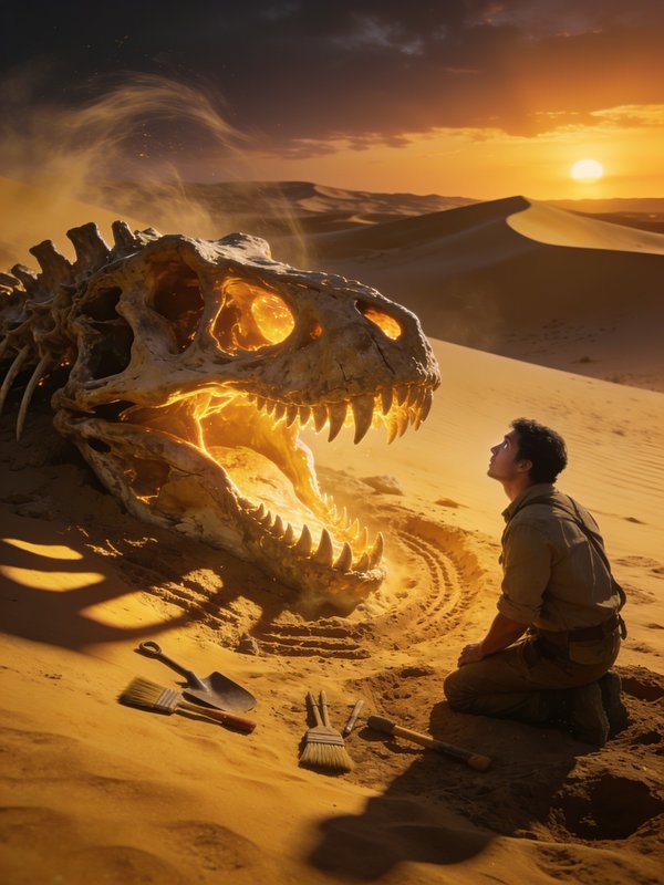 Archaeologist kneels observing a glowing Tyrannosaurus rex fossil skull unearthed in sand dunes d...