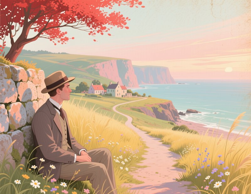 Vintage illustration of an Edwardian man resting by a stone wall, overlooking a quiet coastal cliffside at pastel sunset.