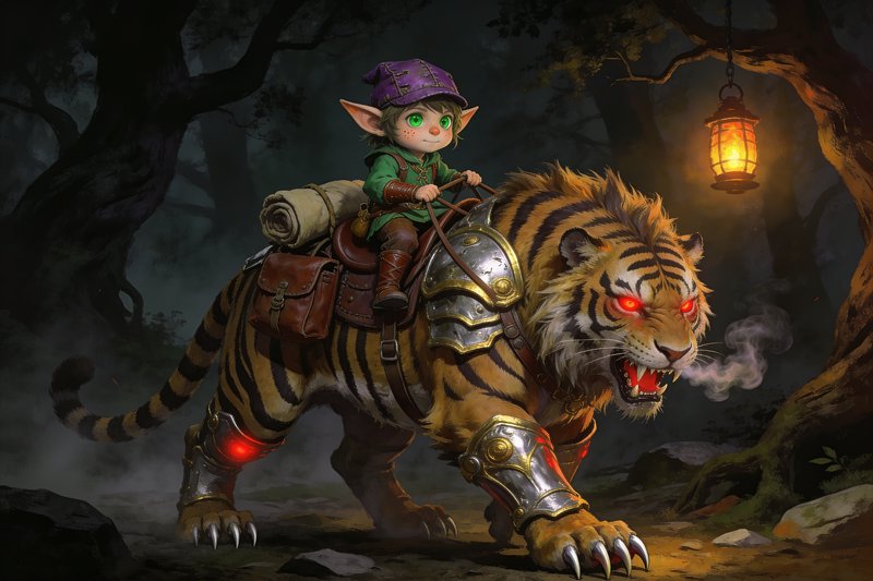 Pointy-eared elf adventurer rides an armored glowing-eyed war tiger through a dark misty lantern-...