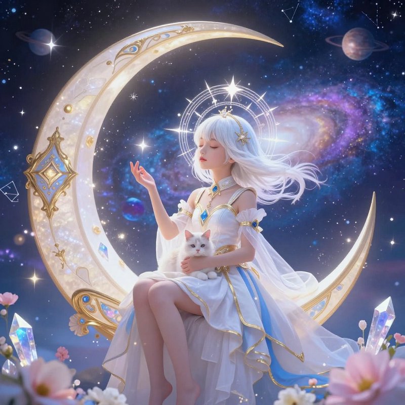 Ethereal white-haired celestial goddess holding a fluffy white cat sits on an ornate gilded cresc...