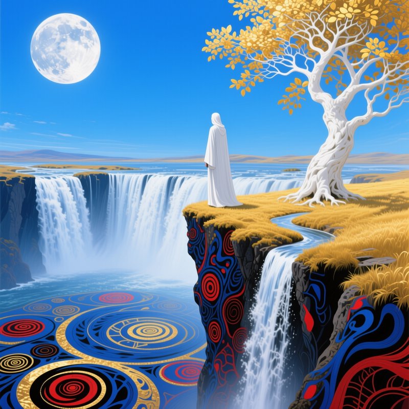 Surreal fantasy landscape: hooded white-robed figure stands beside a golden-leaf white tree on a ...