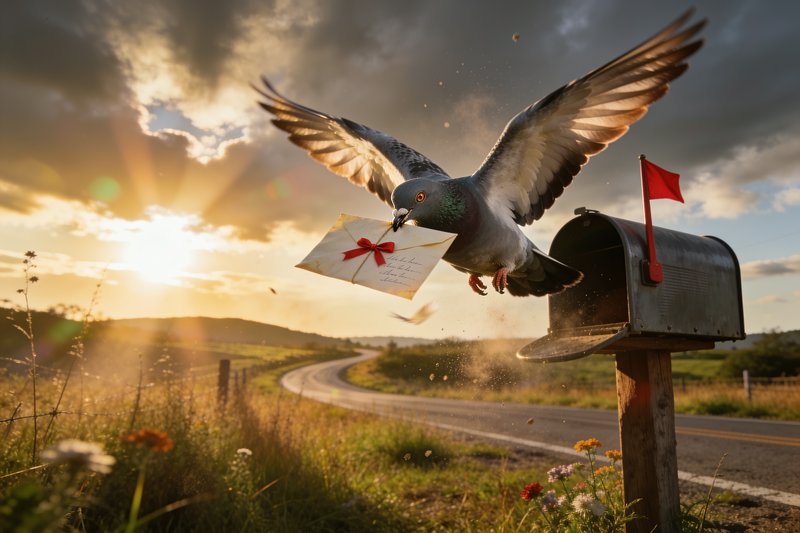Carrier pigeon carrying a ribbon-tied letter flies from a rural roadside mailbox at golden sunset
