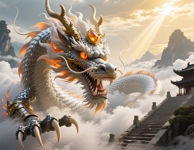 Ornate silver Chinese dragon with glowing orange eyes rises from mist next to a mountain temple p...