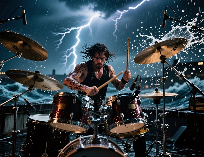 Intense tattooed male drummer plays a drum kit outdoors as lightning flashes during a heavy rain ...