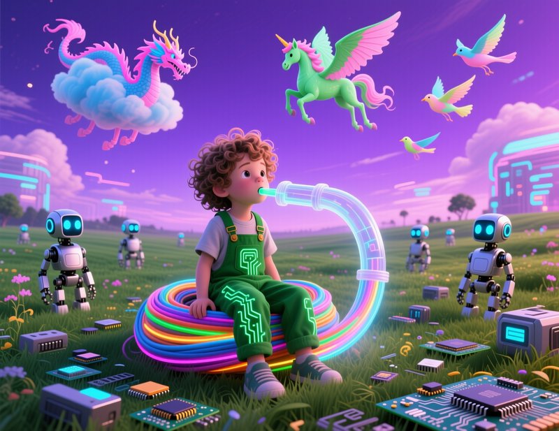 Curly haired child in glowing circuit overalls sits on a rainbow tube in a whimsical futuristic m...