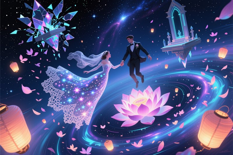 Fantasy illustration of floating bride and groom holding hands amid starry cosmic space, glowing ...