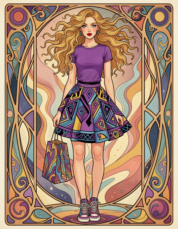 Art Nouveau portrait of fashionable blonde woman holding a shopping bag, framed by ornate stained...