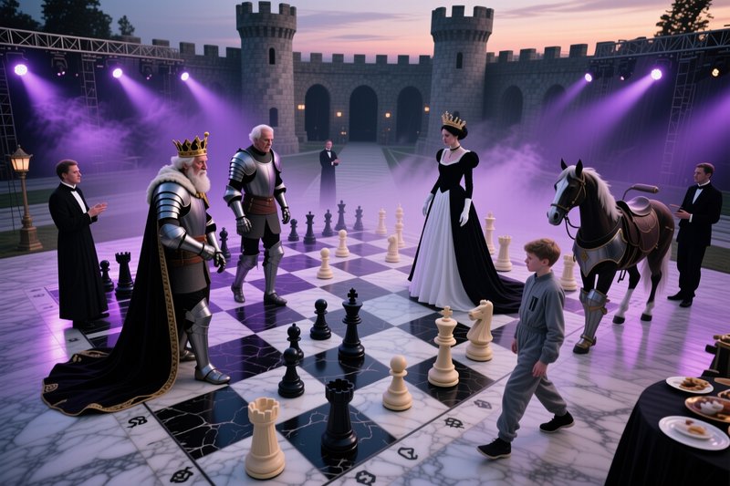 Surreal life-sized chess match with medieval royal character pieces on a theatrical castle stage ...