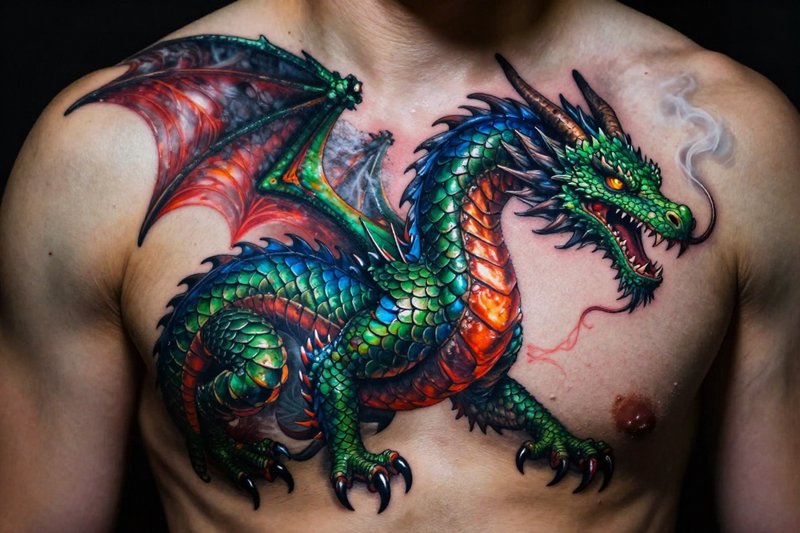 Vibrant detailed full chest tattoo of a scaled western fantasy dragon on a shirtless muscular man