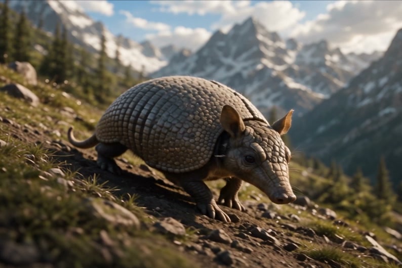 Armored armadillo traverses a rocky grassy alpine slope, with snow-capped mountain peaks in a sun...