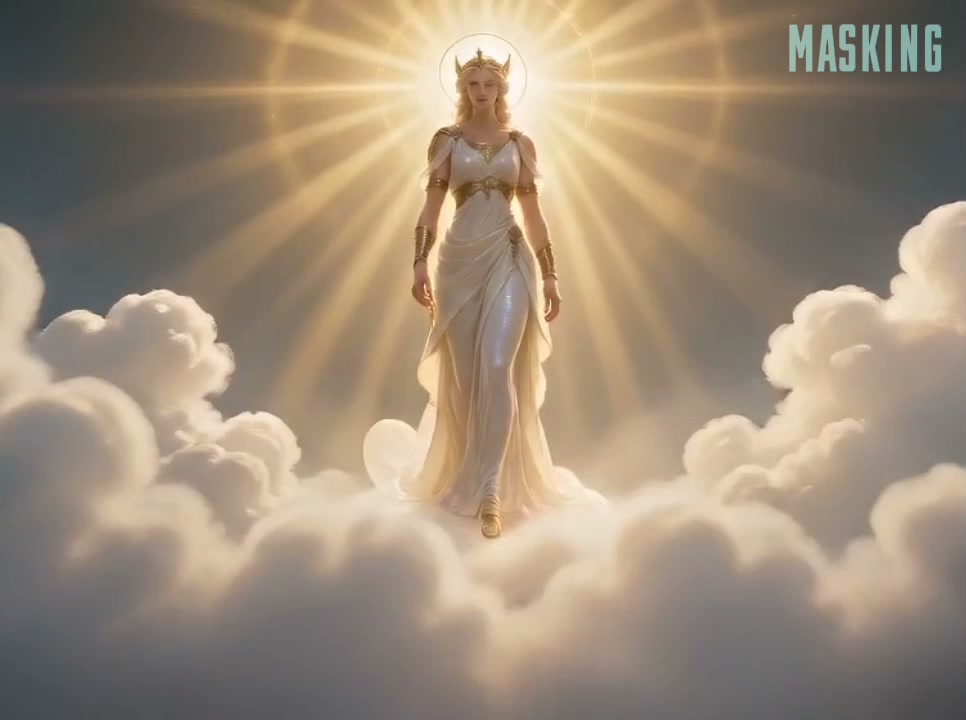 Radiant crowned goddess with glowing sun halo walks across fluffy clouds, golden light beams radi...