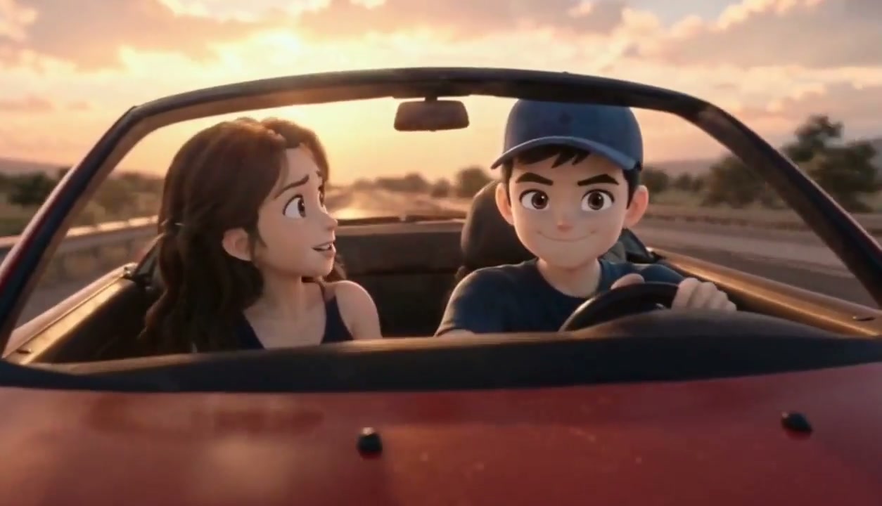 3D animated young couple riding in a red convertible during golden hour sunset, girl speaking to ...