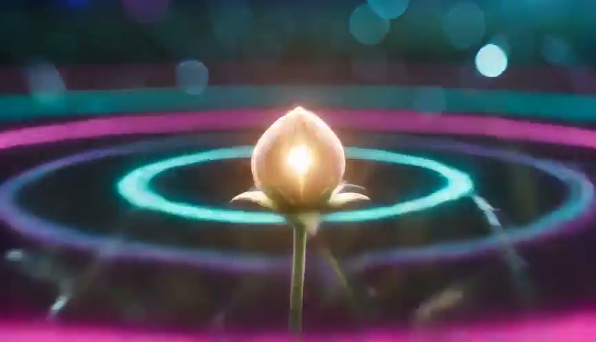 Centered glowing pale closed flower bud with internal golden light, positioned before concentric ...