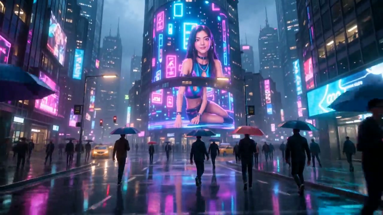 Rainy cyberpunk city street with giant neon hologram billboard, umbrella-carrying pedestrians, li...