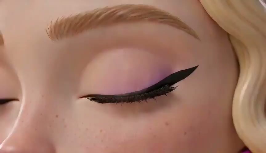 Extreme close up of a closed eye of a blonde 3D animated character with pastel pink eyeshadow and...