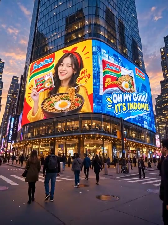 Massive curved Indomie Mi Goreng digital billboard on a glass skyscraper overlooking a busy downt...