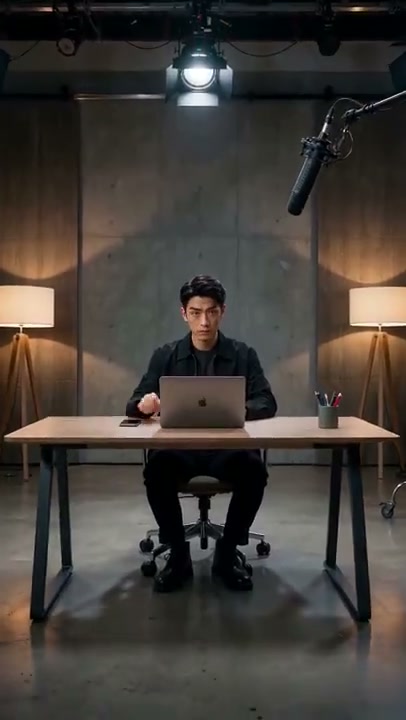 Serious man sits at a studio desk working on a laptop under overhead filming lights