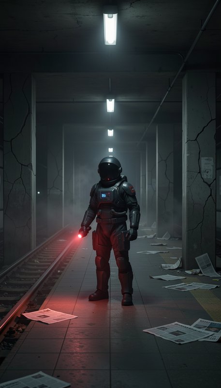 [Astronaut in a dark tactical spacesuit holds a red flare while standing in a foggy, cracked abandoned subway tunnel]