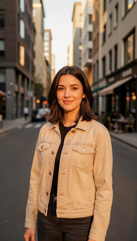 [Smiling young woman in a beige denim jacket stands on a sunlit downtown city street during golden hour.]