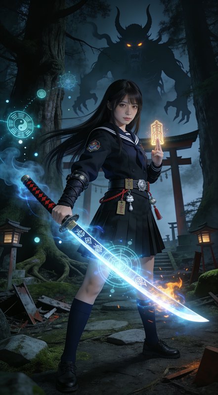 Young fantasy exorcist schoolgirl holds glowing rune katana, as a horned oni demon looms behind a...