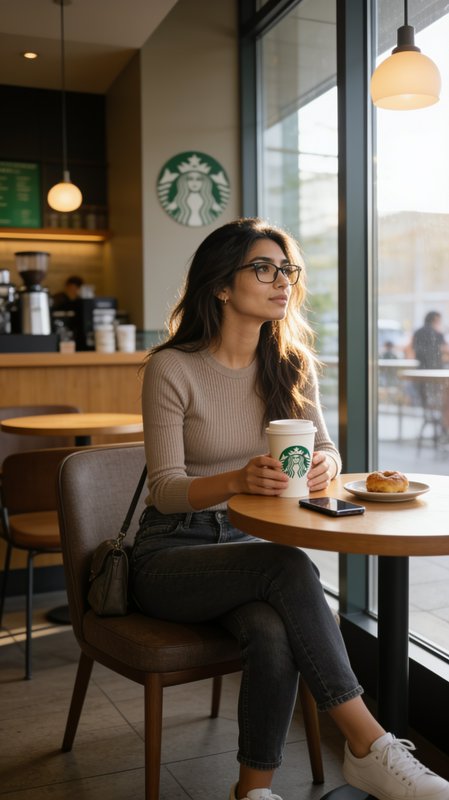 Young woman with glasses holds a Starbucks coffee while sitting at a sunlit cafe table looking ou...